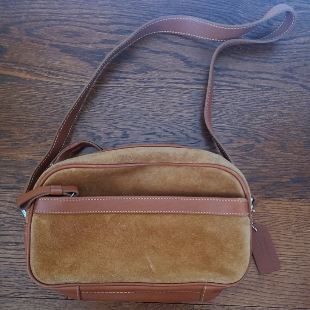 Coach tan suede shoulder mini bag, leather strap, used/great condition